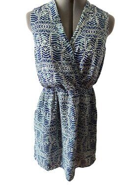 Forever 21 Womens Sleeveless Blue & Green Patterned V Neck Lined Dress Size L